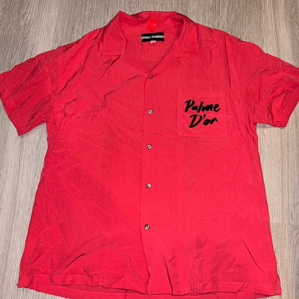 Double Rainbouu Pink Logo Palm Hawaiian Shirt size Small